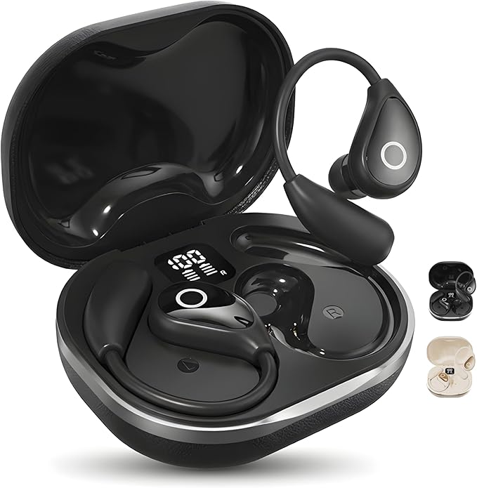 Wireless Earbuds with Earhooks, Open Ear Bluetooth 5.3 Headphones for Work & Running, 60H Playtime, LED Display, IPX5 Waterproof, USB-C Charging (Black)