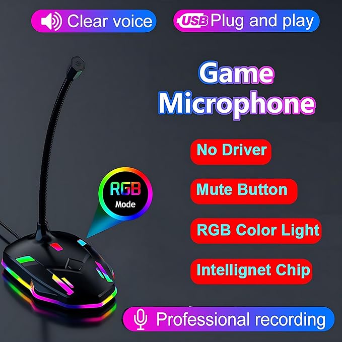 USB Computer Microphone with Mute Button&RGB Glowing Light Compatible with PC Laptop Desktop Win/Mac PS4/5,Play&Plug Gooseneck Microphone,Ideal Condenser Mic for Game,Podcast,Vocal,YouTube-M9