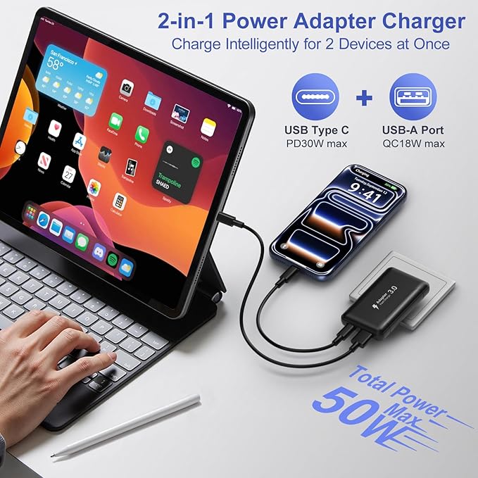 Slim Flat USB C Wall Plug, OKRAY 50W Ultra-Thin&Foldable Dual USB Charger PD30W USB-C+USB-A Fast Charging Block Multiport Travel Power Adapter for iPhone 17 Air 16 15 14 13 12 Pro,iPad, Galaxy S25 S24