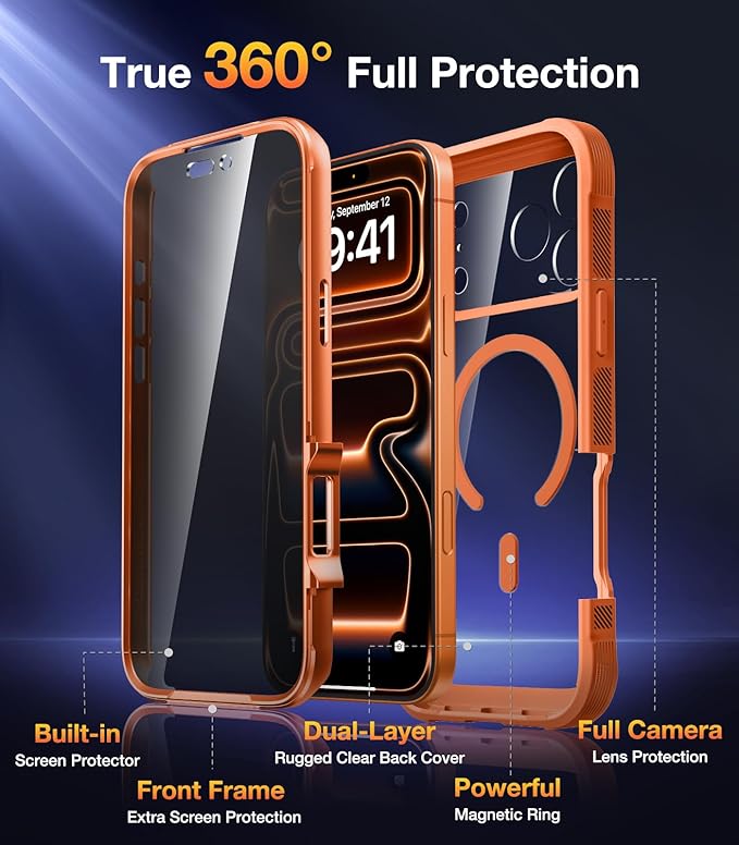 Diaclara Magnetic Designed for iPhone 17 Pro Case 6.3'' [Full Camera Protection] Full Body Bumper,[Compatible with MagSafe] Phone Case w/Built-in Privacy Screen Protector,Orange
