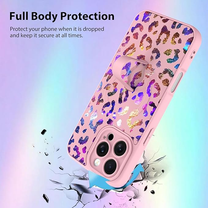KANGHAR Compatible with iPhone 16 Pro Max Case, Support for MagSafe, Silicone Cute Iridescent Leopard Cheetah Pattern, Wristband Kickstand Shockproof Protective Slim Cover for Women Girls, Pink