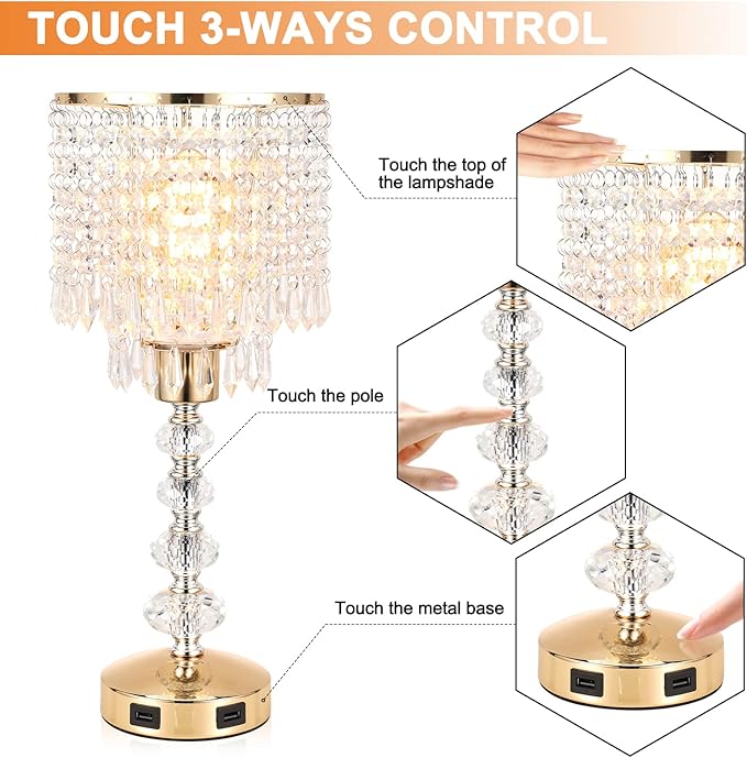 Crystal Table Bedside Lamp Touch Control, 3-Way Dimmable Small Nightstand Lamp with 2 USB Charging Ports, Decorative Gold Tabletop Lamp for Bedroom, Living Room and Guest Room