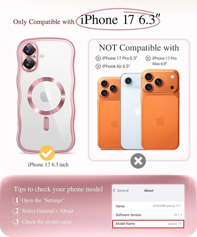 GVIEWIN for iPhone 17 Case Compatible with MagSafe, Upgraded [Full Camera Protection][Cute Wave Frame][Military Grade Protection] Electroplated Hard Phone Cover for Women Girl, Clear/Pink