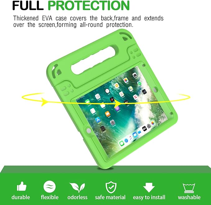 AVAWO Kids Case for iPad 9.7 2017/2018 & iPad Air 2 with Built-in Screen Protector - Light Weight Shock Proof Convertible Handle Stand Friendly Kids Cover for 9.7 iPad 5th & 6th Gen - Green