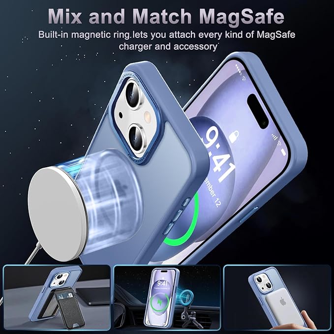 Newfuture Magnetic for iPhone 15 Case [Compatible with Magsafe] [Military Grade Drop Protection] Translucent Matte Anti-Fingerprint Shockproof Phone Case for iPhone 15 6.1 inch, Light Blue