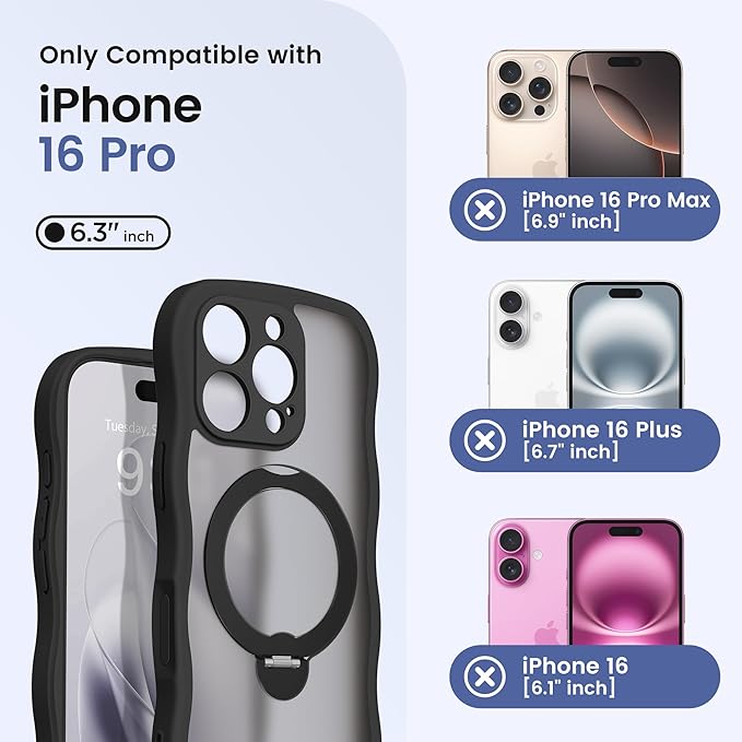 CAPRARO for iPhone 16 Pro Case with 360° Spin Magnetic Stand for Women, [Compatible with MagSafe] [Full Camera Protection] Cute Wave Translucent Matte Case for iPhone 16 Pro, Black