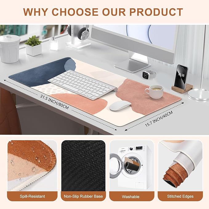 HAOCOO Mouse Pad, Computer Desk Mat, Large Mouse Pad for Desk, 31.5× 15.7 Boho Mousepad Cute for Desktop with Non-Slip Base, Waterproof Laptop Keyboard Mat for Office Home,Boho Pink Navy