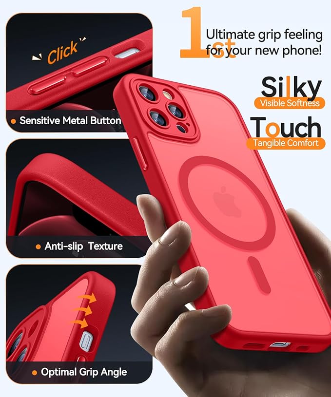 CANSHN Magnetic Compatible with iPhone 12 Pro Max Case, Upgraded [Full Camera Protection] [Compatible with Magsafe] [Translucent Matte] Shockproof Protective Phone Cover 6.7 Inch - Red