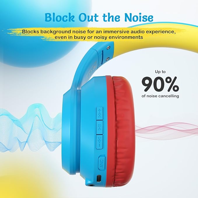 TONOSHARK Kids Bluetooth Headphones with Active Noise Cancelling, Wireless Over-Ear Headphones for Boys Girls, Foldable, Adjustable,for School Trave (Blue red)