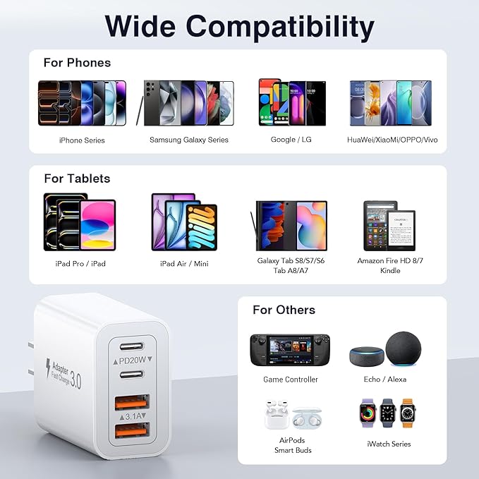 [3-Pack] USB C Wall Charger,40W Fast USB C Charger Block,4-Port PD+QC Wall Plug Power Adapter Multiport Type C Charging Block for iPhone 17/16/15/14/13/12/Pro Max,iPad,Samsung,AirPods4,Watch10,Ultra2