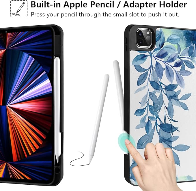 DONGKE Case for 2022/2021/2020/2018 iPad Pro 11 inch Gen 4/3/2/1 - Slim Protective Case - Built in Pencil Holder Support Charging - Trifold Stand & Sleep/Wake Cover - Watercolor Blue Floral