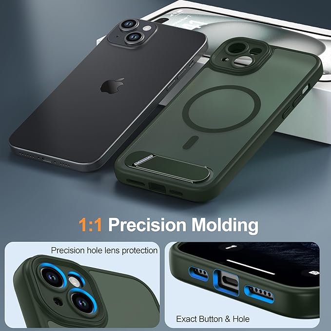 Magnetic Compatible with iPhone 15 Plus Case, [Built-in Kickstand][Full Camera Protection][Compatible with MagSafe][Anti-Fingerprint] Shockproof Phone Case for iPhone 15 Plus 6.7",Green