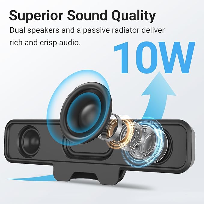 Inwa Computer Speakers for Desktop PC, USB Monitor Speakers with Clip, Wired Computer Sound Bar for Laptop with Loud Sound & Bass, Easily Clamps to Monitors (USB-C to USBAdapter Included)