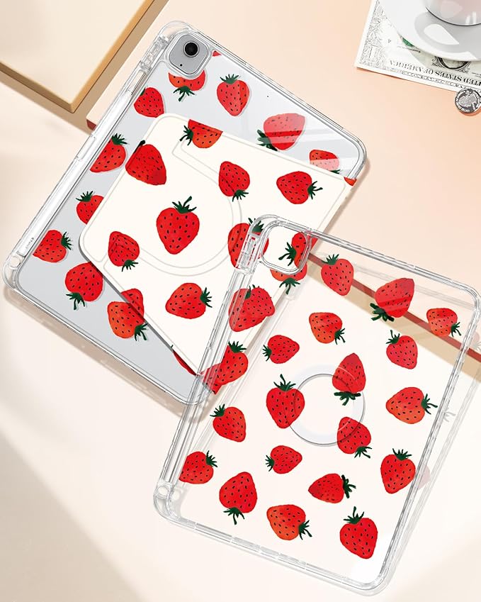 Shorogyt for iPad Air 11 Inch Case Air M4 2026, 8th Gen/M3 2025/M2/Air 5th Generation 2022/Air 4th Gen 2020/Pro 11 Inch Case Magnetic Stand for Women - Cute 360 Degree Rotating Cover Girl Strawberry