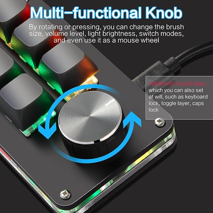 Koolertron Macro Programmable Keypad, One Handed Programmable Mechanical Keyboard, RGB Blue Switch Hot Swappable, 6 Keys 1 Knob Backlit Keypad for Working and Gaming, Black