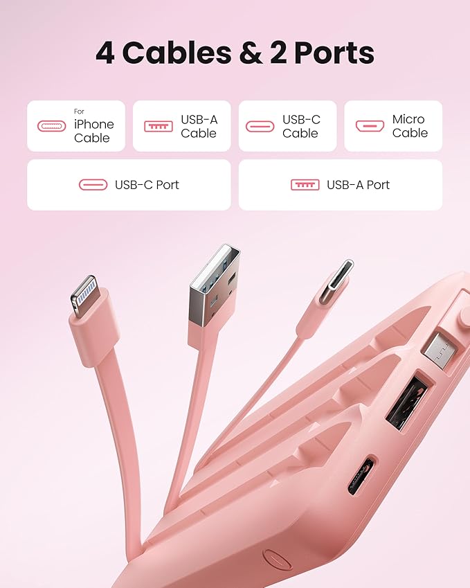Portable Phone Charger, Slim 10000mAh Travel Essentials Power Bank with Cords Wires, Battery Pack 5 Outputs 2 Inputs LED Display Compatible with iPhone/Android & More (Pink)
