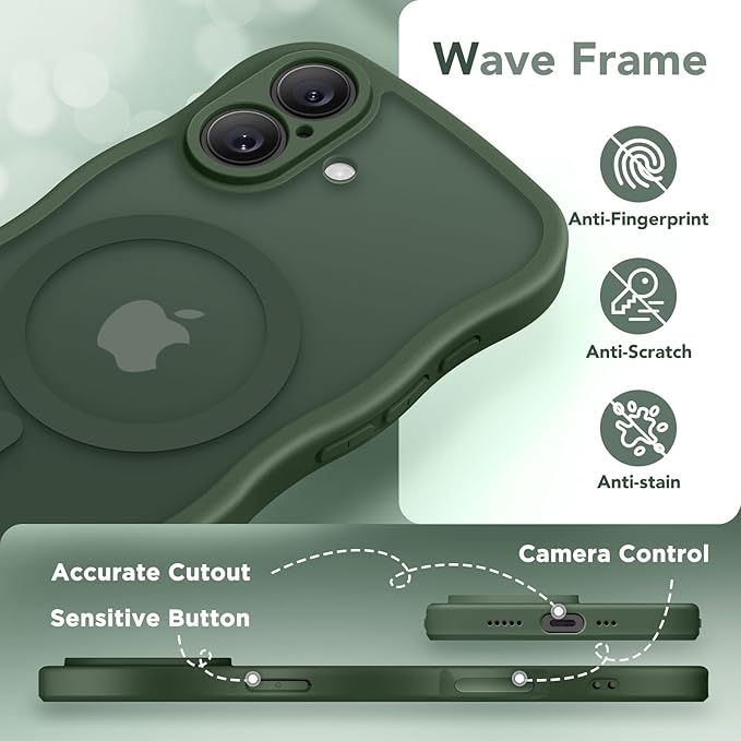 CAPRARO Magnetic for iPhone 17 Case for Women Girls, Upgraded [Full Camera Protection] [Compatible with MagSafe] Cute Wave Translucent Matte Phone Case for iPhone 17, Deep Green