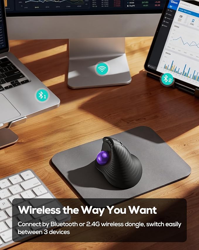 Nulea M514 Vertical Trackball Mouse, Ergonomic Wireless Thumb-Control Mouse with Quiet Clicks, 3 Device Connection (Bluetooth & USB Receiver), Rechargeable for PC/Mac/Laptop/Tablet.(Purple)