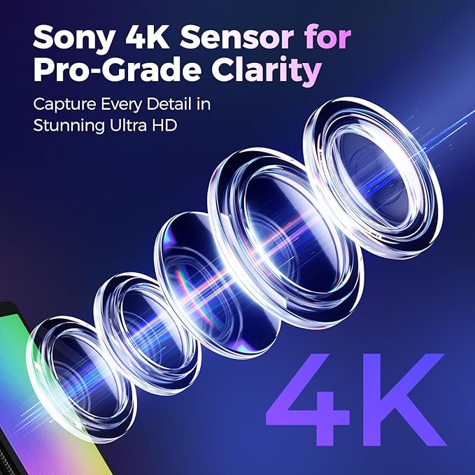 4K Webcam for PC with Microphone & Light & Privacy Cover, Web Camera for Desktop Computer/Laptop/Monitor/Mac, 4K UHD Sony Sensor, PDAF Auto Focus, Dual AI Noise-Cancelling Mics, USB Camera