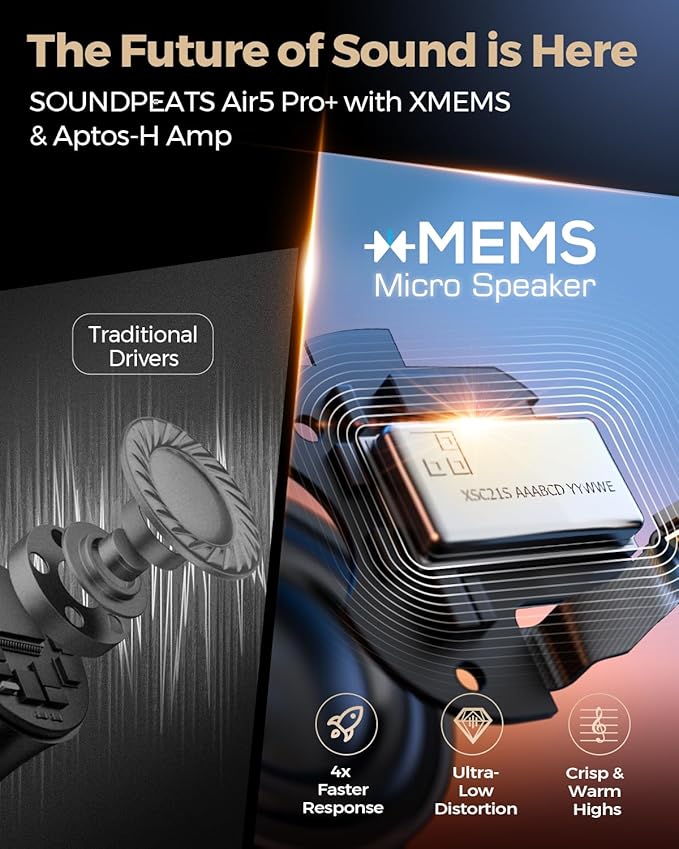 SoundPEATS Air5 Pro+ Wireless Earbuds, xMEMS Warm Treble Hi-Res Audio, LDAC & aptX Lossless, Hybrid Driver Earbuds with 10mm Composite Speaker, 55dB AI Adaptive ANC, Bluetooth 5.4, Weightless Comfort,