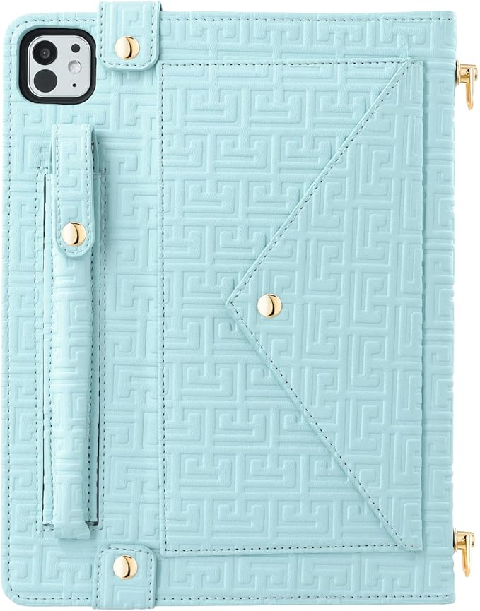 Handbag Case for iPad Pro 11-inch 2025 M5/2024 M4, Techcircle Elegant Crossbody PU Leather Folio Envelope Pocket Stand Cover with Hand Strap+Shoulder Strap+Pencil Holder+Card Slots, Baby Blue