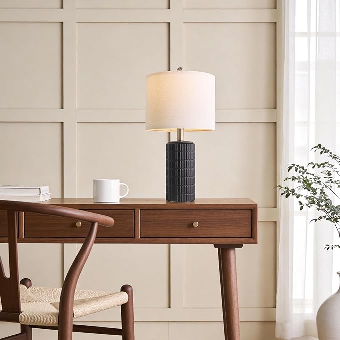 PoKat Small Table Lamps Set of 2 for Bedroom, 20.75'' Matte-Textured Farmhouse Ceramic Bedside Lamps for Night Stands, Stone-Like Modern Lamps for Living Room End Table Hallway Entryway Decor Black
