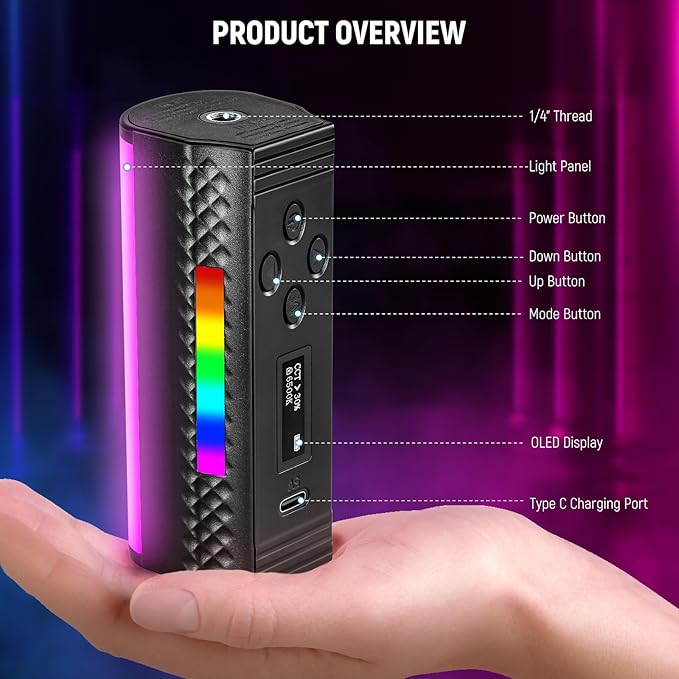 NEEWER Magnetic Handheld Light Wand with APP Control, 360° Full RGB Mini LED Video Light Stick with 2500mAh Battery, 2500K~8500K Dimmable CRI 97 with 17 Light Scenes for Photography Vlog TikTok, TL97C