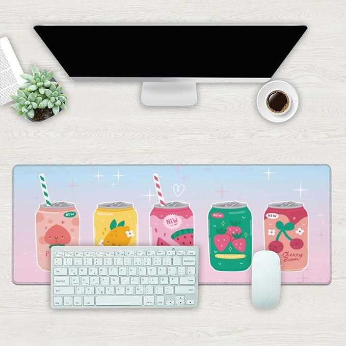 Desk Mat, Kawaii Fruit Flavors Sparkling Soda Drink Extended Gaming Mouse Pad Large, 31.5"x11.8" Big Mouse Pad with Non-Slip Base and Stitched Edge, Long Computer Keyboard Mouse Mat for Home Office