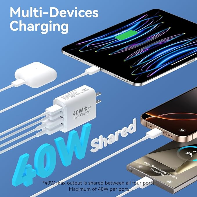 USB C Charger Block, 3Pack 40W 4 Ports Type C Fast Phone Charging Cubes PD 3.0 Wall Plug+ QC 3.0 USB A Charger Power Brick Box for iPhone 16/15/14/13/12/11 Pro Max, iPad, Galaxy, Pixel,White