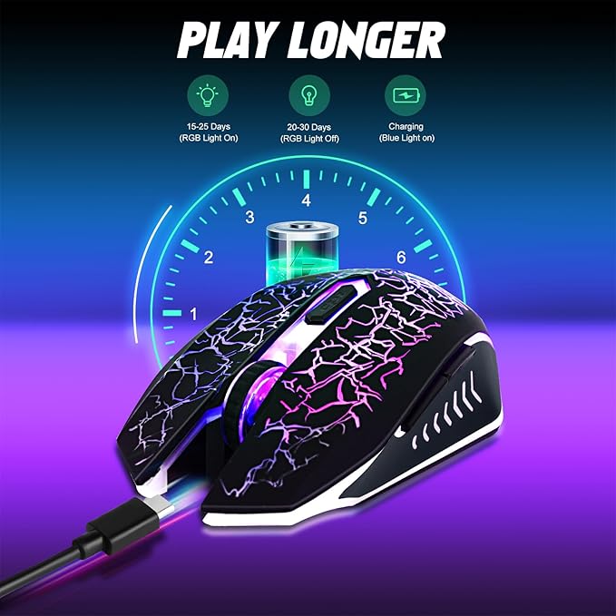 Wireless Gaming Mouse, Rechargeable Wireless Computer Mouse, 7-Color LED Light, Ergonomic Mouse with 6 Silent Click Buttons, 3 Adjustable 2400 DPI Wireless Mouse for Laptop,PC,Mac, Black