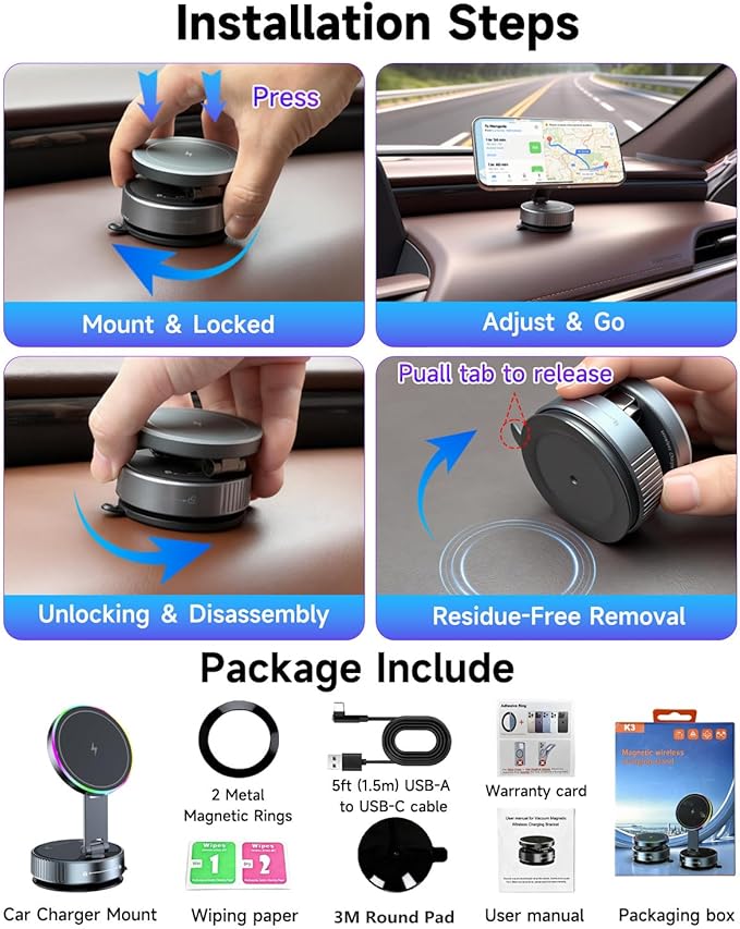 for Magsafe Car Mount Charger, 15W Fast Charging Wireless Car Charger [120LBS Suction &3800gf Magnet] 780° Adjustable, Vacuum Magnetic Phone Holder for Your Car for iPhone & Android, Metal Stand Rotor