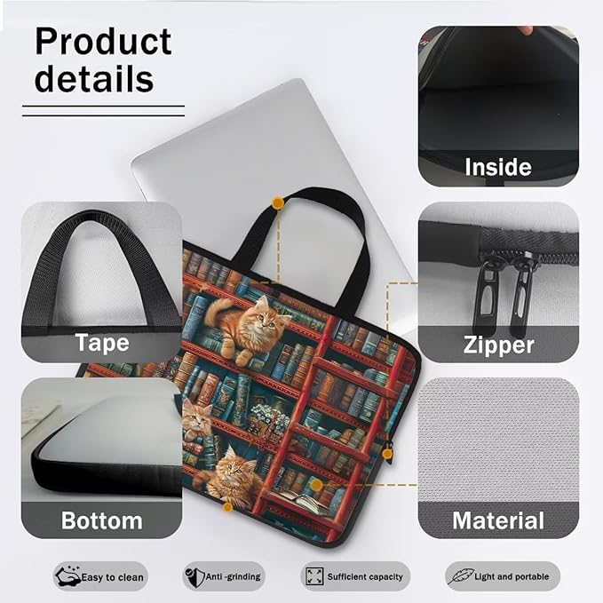 Vintage Bookshelf Laptop Sleeve Case Computer Cover Compatible with 10-17 Inch Tablet Cute Cat Protective Carrying Bag Briefcase Carrying Case, 17 Inch, Book Lover