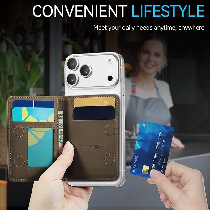 Vinich for MagSafe Wallet Magnetic RFID Blocking Card Holder Compatible with MagSafe Phones and Cases, Strong Magnet Minimalist Phone Wallet for iPhone 17/16/15/14/13/12/Pro/Max/Plus, Vintage Brown