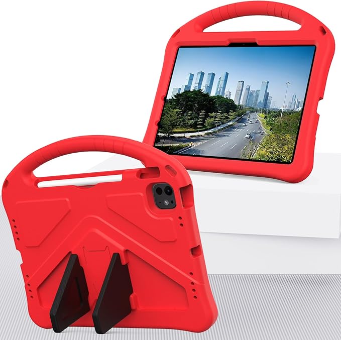 Kids Case for iPad Pro 11-inch (M5) 2025/(M4) 2024, Air 11" 2026 M4/M3/M2 Case with Pencil Holder, Techcircle Lightweight Shockproof EVA Foam Handle Stand Anti-Slip Grip Rugged Cover, Red