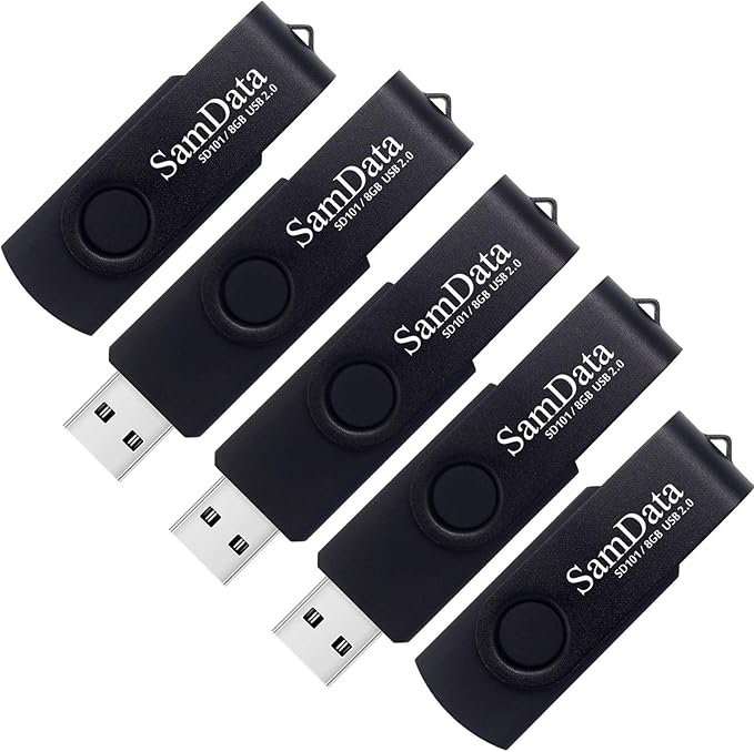 SamData USB Flash Drive 8GB 5 Pack USB 2.0 Thumb Drive Swivel Memory Stick with LED Indicator (Black, 8GB-5Pack)