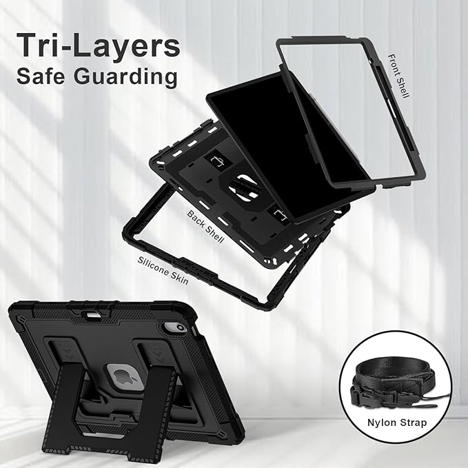 Kids Friendly Case for iPad Air 13 Inch M4 M3 M2 2026/2025/2024 Case with Pencil Holder & Shoulder Strap, Military Grade Shockproof Kickstand Hard Shell Protective Cover,Black