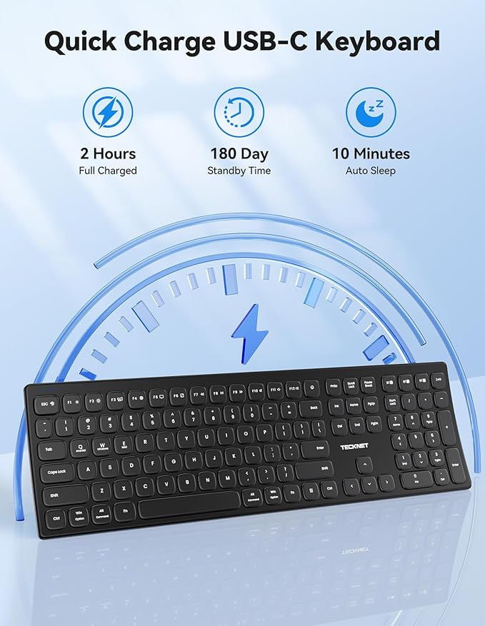 TECKNET Bluetooth Wireless Rechargeable Keyboard, Multi Device Free Switching (BT5.0+2.4G+Wired), Quiet Typing, Ultra-Slim Full Size with Numpad for Mac/Windows/Android/Desktop/PC, Stable Connection