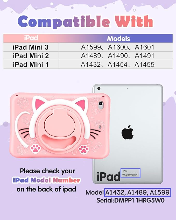 Wazzasoft for iPad mini 1/2/3 Case 7.9 Inch Girls Cute Cat Kawaii Cover Girly 3D Cartoon Women Kitten with Rotating Handle Stand & Strap Soft Silicone Funda for Apple iPad mini 3rd/2nd/1st Gen Cases