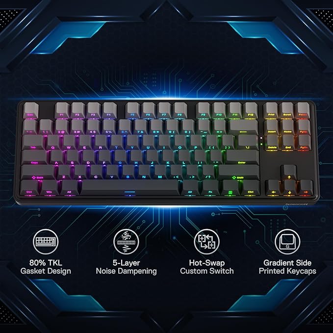 Redragon K707 PRO GB 80% Gasket RGB Gaming Keyboard, 3-Modes Wireless TKL Mechanical Keyboard w/Hot-Swap South-Facing LEDs Socket, PBT Gradient Keycaps & 5-Layer Noise Dampening, Custom Linear Switch