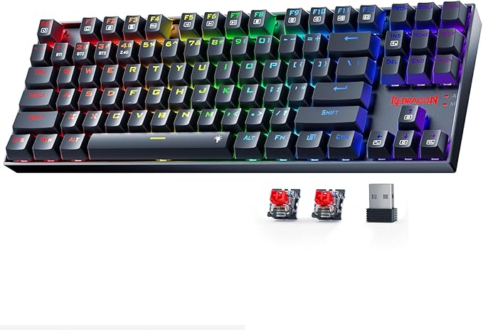 Redragon Wireless Gaming Keyboard, BT/2.4Ghz Tri-Mode Mechanical Keyboard, buit-in Battery, Programmable 87 Keys TKL, LED Rainbow Backlit - K552-KRS