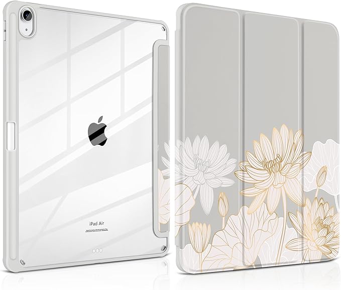 Case for iPad Air 13 inch 2026 M4 2025 M3 2024 M2 Release with Pencil Holder - Aesthetic Cute Design Trifold Cover with Soft TPU Bumper Clear Back Auto Sleep/Wake for Girls Women, Golden Lotus