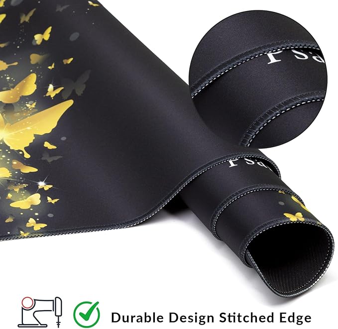 Large Gaming Mouse Pad with Coaster, Desk Matt for Desktop, Desk Pad, Mouse Pads Mat, Stitched Edges Big Extended Mousepad for Computer Keyboard Laptop Office Decor, 31.5'' x15.6''-Gold Butterfly