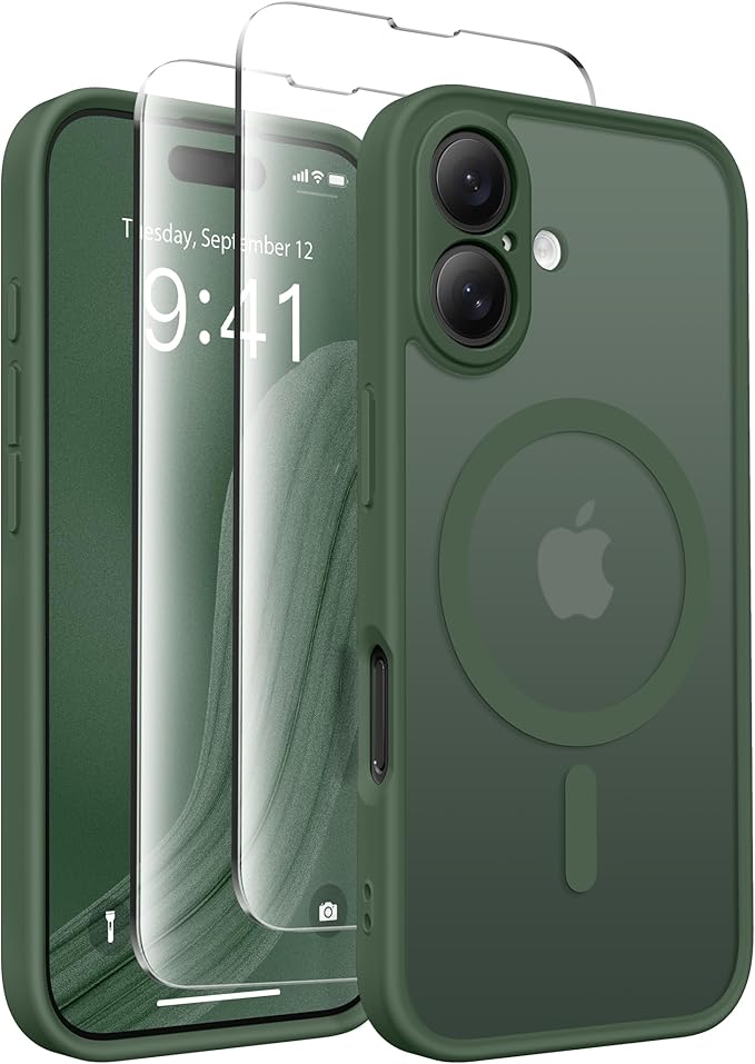 CAPRARO Magnetic Compatible with iPhone 16 Case, Upgraded [Full Camera Protection] [Compatible with MagSafe] Protective Translucent Matte Women Girl Phone Case Cover, Deep Green
