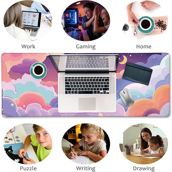 LIMKRIAN Purple Cloud Mouse Pad Large Desk Mat, Kawaii Purple Computer Mousepad with Stitched Edges Non-Slip, Keyboard Mouse Pad for Desktop Cute Office Supplies Desk Decor Accessories 31.5x11.8 in