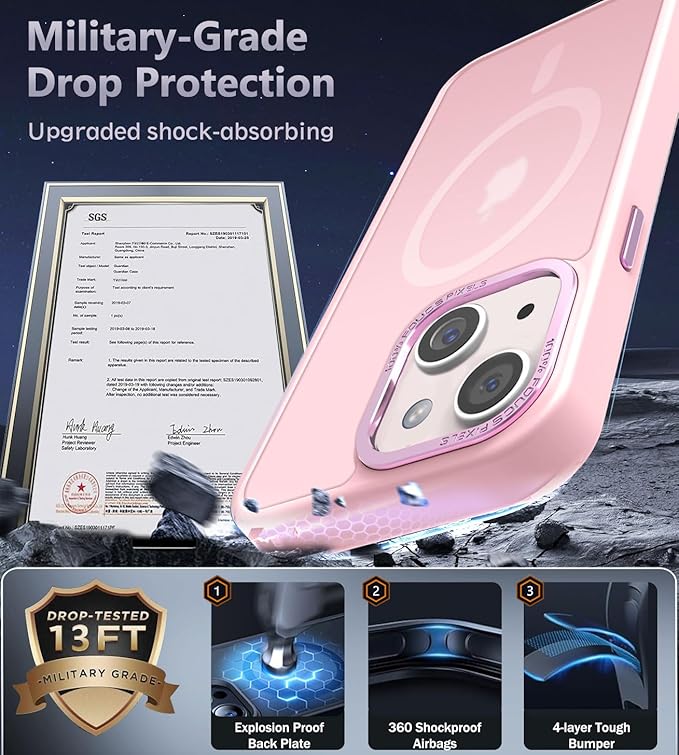 Newfuture Designed for iPhone 13 Case & iPhone 14 Case with Magnetic [13 FT Military Drop Protection] [Compatible with Magsafe] Translucent Shockproof with Anti-Fingerprint Phone Case, Tender Pink