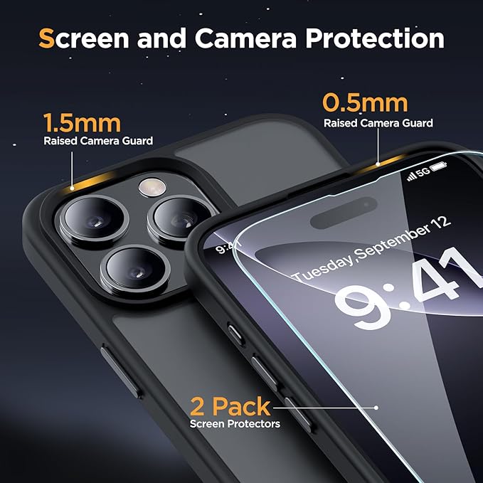 Miracase 2025 Upgraded Magnetic for iPhone 16 Pro Case [Compatible with MagSafe] [with 2X Screen Protector] Military-Grade Protection, Anti-Fingerprint, Slim Phone Case for 16 Pro 6.3 inch - Black