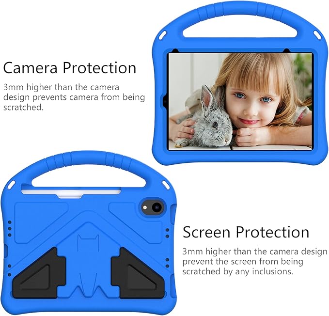 Kids Case for Apple iPad mini 7 2024/ iPad mini 6 2021 8.3", EVA Durable Shockproof Handle Kickstand Lightweight Kids Friendly Cover Case with Shoulder Strap, Blue