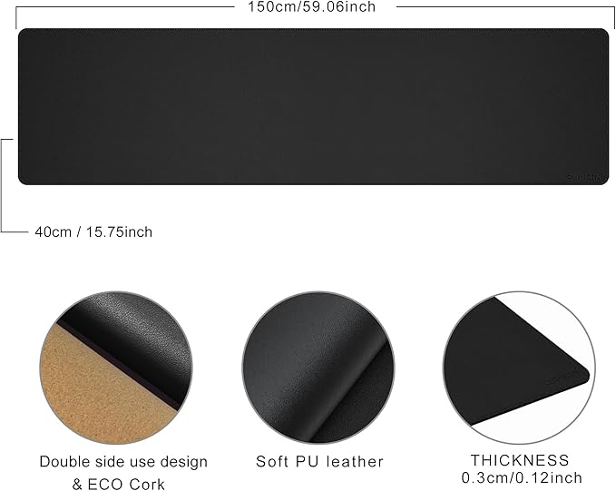 Chihein 59” x 16” Cork & PU Leather Desk Mat (Black) - Huge Mouse Pad, Double Sided Waterproof Desk Pad Protector for Gaming, Office, Home
