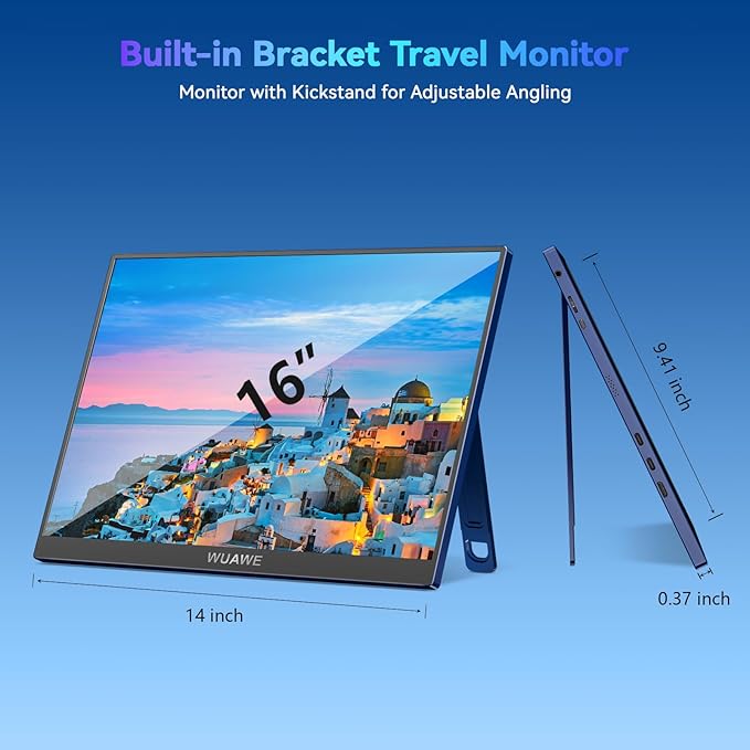 WUAWE 16" 1200P 120Hz Portable Monitor for Laptop, 100% sRGB Portable Laptop Monitor with Built-in Stand, HDR and Freensync, External USB C Monitor for Phone, MacBook, Laptop, PC(Blue)