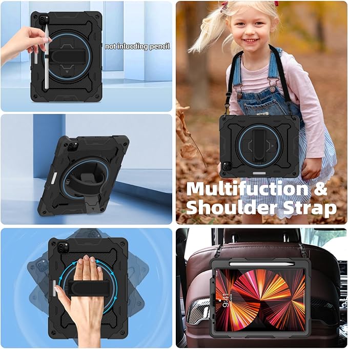 For iPad Air 5th 4th Generation 10.9 inch Case with Screen Protector [15ft Drop Protection] iPad Pro 11 Case 4th 3rd 2nd 1st Gen (2022 2021 2020 2018) for Kids W/ 360 Stand Hand/Shoulder Strap